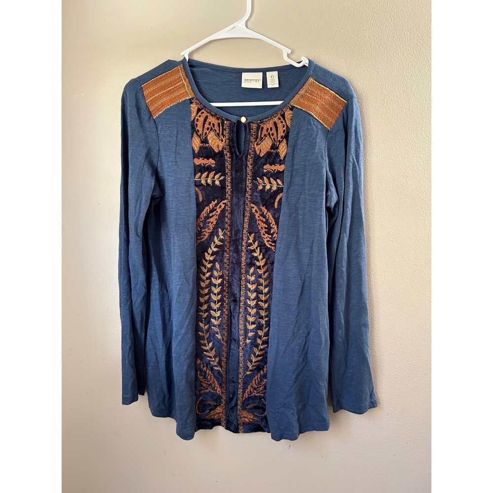 Zenergy‎ Studios Blue Embroidered Velvet Long Sleeve Top Bohemian Indie Sleeze